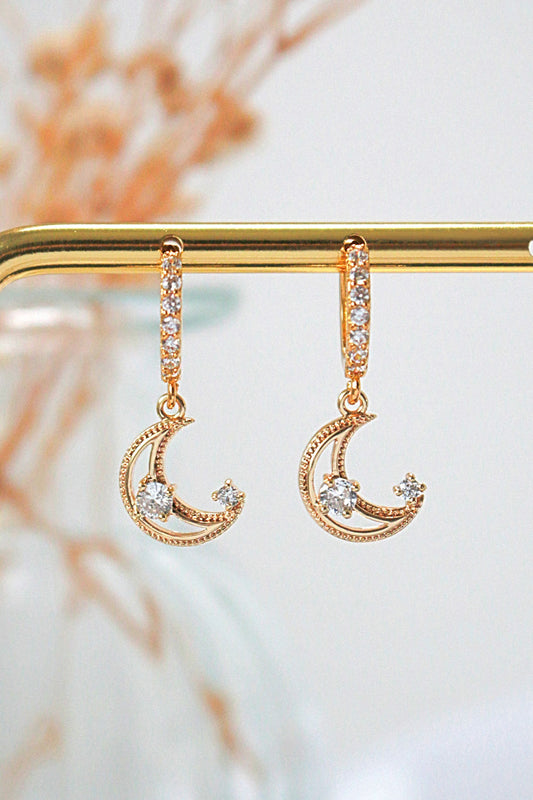 24 Karats Gold Cubic Zirconia Moon Hoop Earrings